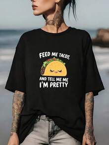 Camiseta de mujer con diseño de burrito mexicano, "Alimentadme de burritos y elogien mi belleza", adecuada para reuniones familiares y actividades de team building, es un excelente regalo para los amantes de los burritos en el Día de la Madre y los festivales de música de verano. - Negro - Ver 1