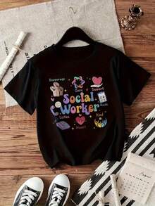 Y2K Women's Stylish Cartoon Print T-Shirt, Short Sleeve, Round Neck, Casual Wear For All Seasons | Fashionable Casual Clothing | Loose, Casual, And Versatile T-Shirt With  Letter Print - 黑色 - 查看 3