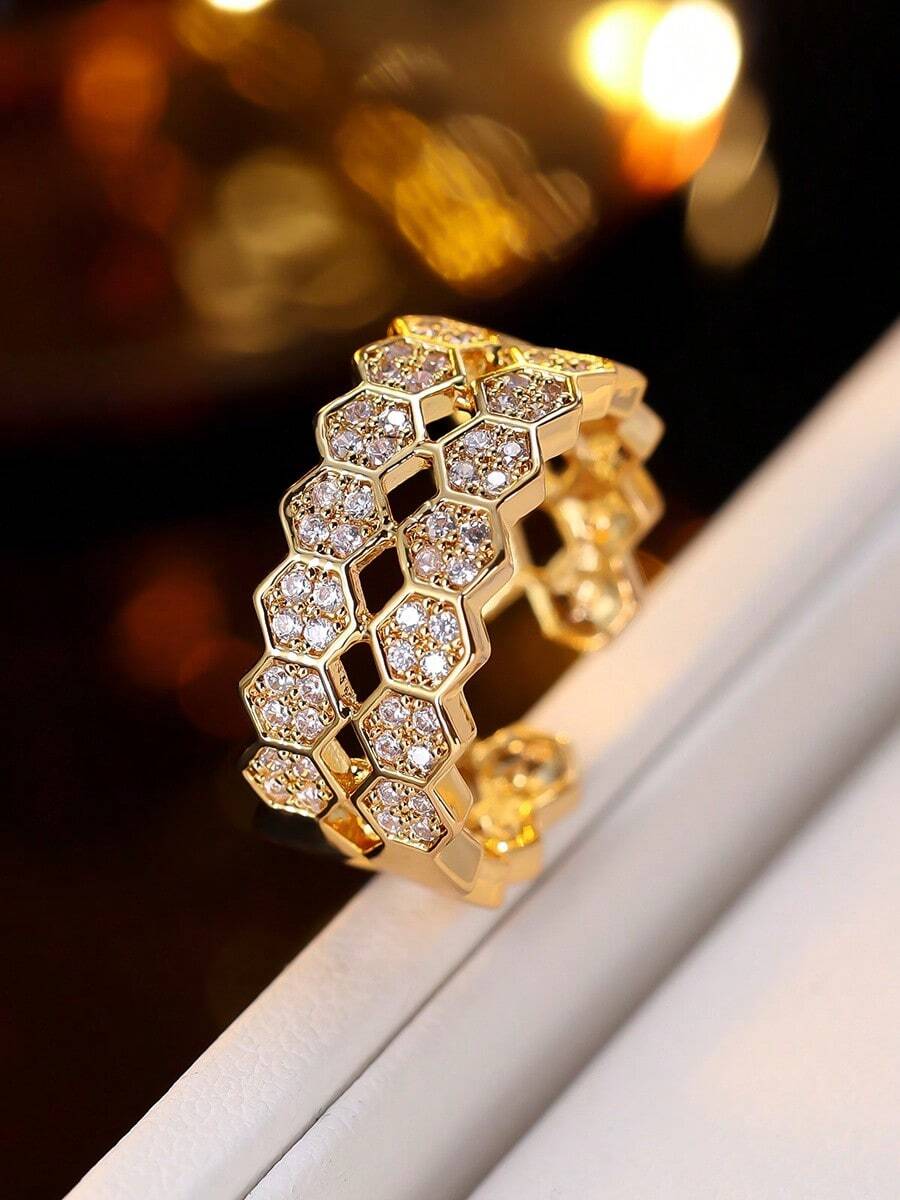1 chiếc nhẫn hai lớp hình tổ ong thanh lịch và tiện dụng, đính đá Zirconia, đa năng dùng hàng ngày, đi làm, hẹn hò hoặc làm phụ kiện. - vòng mở - Xem 1