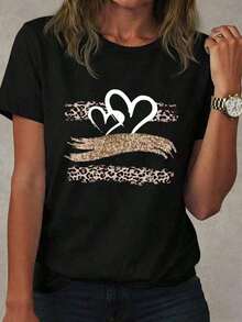 Women's Casual White T-Shirt With Mexican Leopard Print And Heart-Shaped Sequins, Summer Fashion Cotton T-Shirt - 黑色 - 查看 4