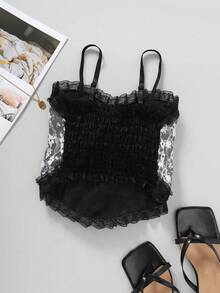 女士夏季性感撞色蕾丝仿珍珠装饰荷叶边吊带背心 - 黑色 - 查看 2