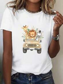 Camiseta de mujer de gran tamaño con estampado vintage de animales de safari - Top casual de ajuste suelto con diseño de jirafa y león, camiseta blanca de manga corta para primavera y verano para atuendos casuales y eventos temáticos (sin relleno en el pecho, tela transpirable), atuendo de safari para mujeresPure-Cotton - Negro - Ver 7
