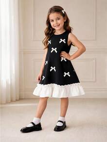 Vestido elegante para niñas de 4 a 8 años - Vestido negro sin mangas de línea A con lazo blanco aplicado y dobladillo con volantes | Adecuado para fiestas, bodas u ocasiones especiales - Negro - Ver 3