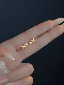 1pair Double Star Shaped Earrings Inlaid With Cubic Zirconia 18k Gold Plated For Women, Perfect Choice For Proposal, Engagement Party Gift - Gold - View 14