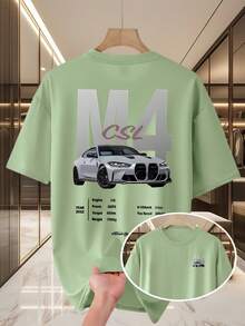 Men's Casual Summer T-Shirt, New Collection, Round Neck, Short Sleeve, Knit Fabric, Cool And Comfortable, Double-Sided "M10.16cm" Print On Front And Back, Ideal For Outdoor Activities, Printed Summer T-Shirt For Men - 淺綠色 - 查看 6