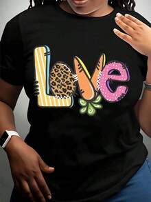 Women's Cotton T-Shirts With A "Love Letter" Graphic Design, Featuring A Colorful And Cute Pattern, Perfect For Summer Casual Wear, A Great Gift For Valentine's Day Or Birthdays, And As Basic Women's Blouses. - 黑色 - 查看 2