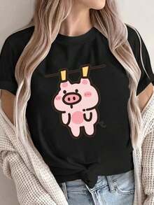 Under The Radar Women's Casual Short Sleeve T-Shirt With Pig And Clothesline Print - Soft Polyester Crew Neck T-Shirt, Pink, Machine Washable, Comfortable For All Seasons, 100% Cotton Ladies' T-Shirts. Unisex Loose Fit Short Sleeve Crew Neck Cotton T-Shirt, Urban Vintage Style - 黑色 - 查看 7