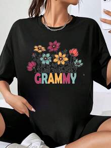 Women's Oversized T-Shirt With Floral Grammy Design, Casual Summer Top With Colorful Flower Print, Loose And Comfortable Fit, Streetwear Style - 黑色 - 查看 7