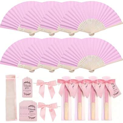 24/48 piezas (6/12 sets) Abanicos plegables de papel rosa con tarjetas de agradecimiento, lazos y bolsas de regalo, adecuados para regalos de boda, decoraciones de despedida de soltera, cumpleaños, aniversario y fiestas