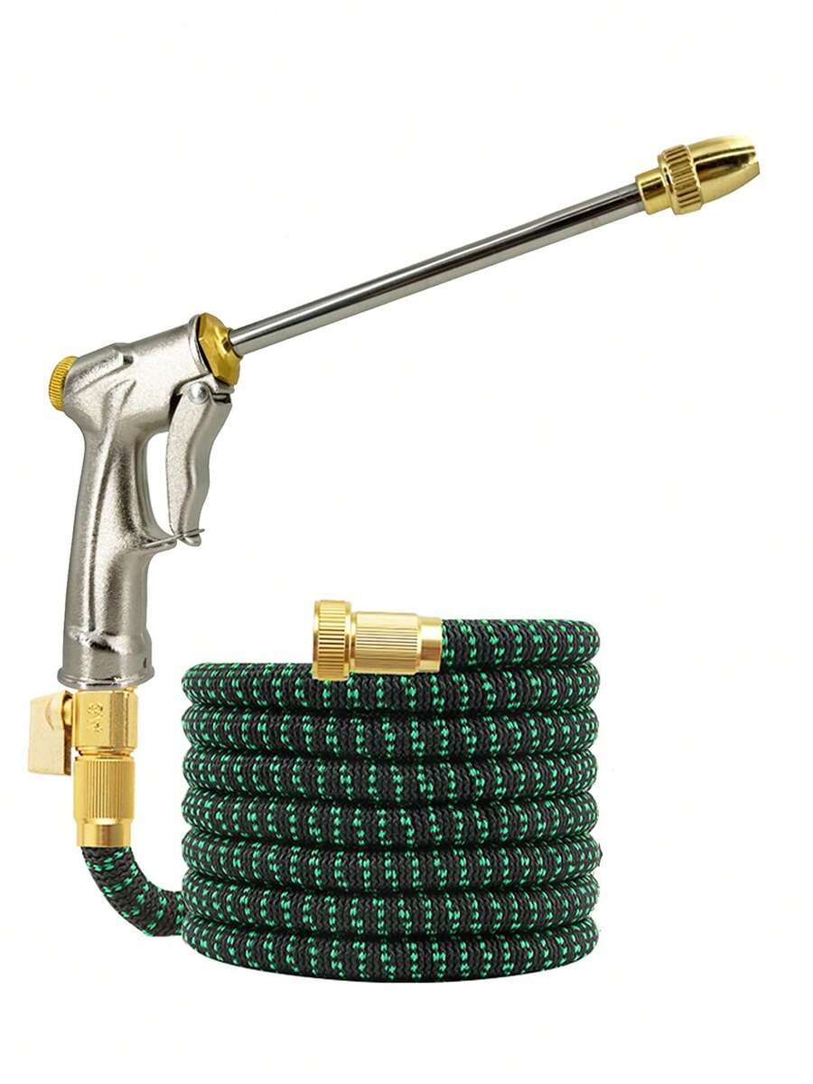Expandable Garden Hose With High Pressure Nozzle And Metal Connector - Black & Green Woven Rubber Hose, US Standard Thread, Suitable For Car Washing, Gardening And Pet Bathing, Durable Hose
