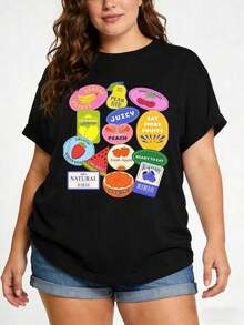 Women's Casual Summer T-Shirt With Fruit Print, Relaxed Fit, Round Neck, Short Sleeve, Soft, Suitable For Mothers, Casual Daily Wear And As A Birthday Gift, Fashionable And Attractive Women's Clothing. - 黑色 - 查看 7