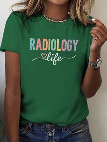 Leopard Print T-Shirt For Radiology Students, Casual Short Sleeve Round Neck Top, Suitable For Summer And Spring, Women's Clothing, Blouses For Women. - Green - View 6
