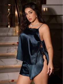 Plus Size Women's Elegant Sexy Lace Patchwork Split Strap Camisole + Split Shorts Pajama Loungewear Set - Navy Blue - View 4