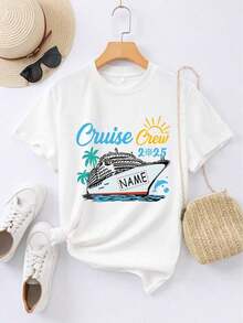100% Cotton Summer T-Shirt For Women/Men [Personalized Product] Customization With A Carnival Boat Design And Your Desired Text, 100% Cotton T-Shirt, Personalized Name Design T-Shirt. Women's Simple Solid Color T-Shirt, Loose And Slim Fit Casual Short Sleeve - 白色的 - 查看 2