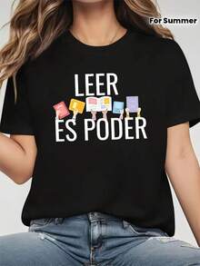 Women's Short-Sleeved T-Shirt With Round Neck And Minimalist Text Print "READING IS POWER", Ideal For Casual Shopping, Holiday Gifts And Gatherings With Friends, Embodying The Spirit Of Promoting Reading, Universal Basic Style. - 黑色 - 查看 3
