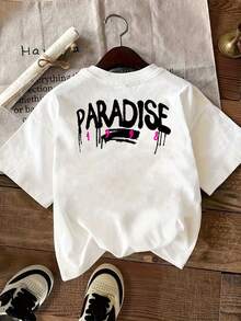 New 2026 Collection: Cotton T-Shirt With Front And Back Prints, Paradise 1989 Design, Casual Short-Sleeved Round Neck T-Shirt For Women, Comfortable Fit, Classic Design, Fashion Item, Double-Sided Print Short-Sleeved T-Shirt For Women. - 白色 - 查看 3