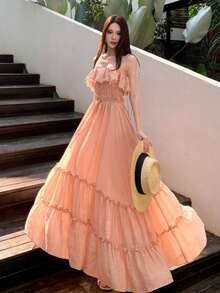 New Women's Summer Maxi Dress, Gorgeous, Ruffled, Sleeveless, Strappy, Vacation Design, Flattering, Perfect For Holidays, Beach, Sightseeing And Photogenic Looks - Dark Gold - 查看 7