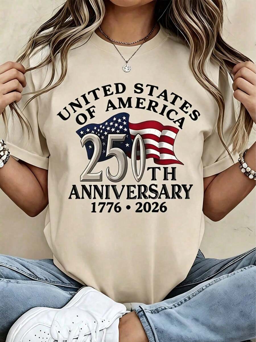 American Independence 250th Anniversary Patriotic Theme Women's T-Shirt - 1776-2026 Independence Day Design, Featuring The American Flag And The Words "250th Anniversary," Comfortable Crew Neck Short-Sleeve Casual T-Shirt, Machine Washable. 100% Cottonsummer Outfits For Women,Vacation Outfits Women - 杏色 - 查看 1