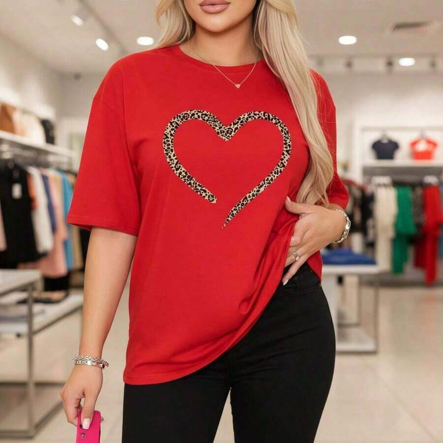 Women's Short-Sleeved Cotton T-Shirt With Leopard Heart Print, Casual Loose Fit With Round Neck, Sizes S-5XL Available, Basic Summer Fashion Graphic Tee For Everyday Wear, Black Blouses For Women > Casual Blouse Clothing For Women - 紅色 - 查看 1