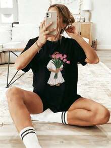 PremiumFashion Wo Y2K Minimalist Style White Short Sleeve T-Shirt - Round Neck Top With Pink Tulip Print, Soft And Suitable For Everyday Wear, Spring And Summer Outfits, And Comfortable Loungewear. New Women's Summer T-Shirt, Casual And Comfortable With Round Neck. Gift Idea. - 黑色 - 查看 7