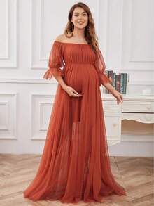 Women's Long Maternity Dress, Off-The-Shoulder With Tulle Scarf Sleeves, Pleated Waist, Flowing Maxi Skirt, Burnt Orange Color, Lightweight Chiffon Fabric, Elegant Bohemian Style Ideal For Pregnancy Parties And Photo Shoots. - 亮橙色 - 查看 3
