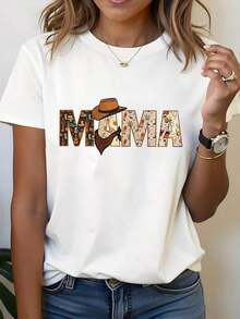 Presenta un estampado creativo de "MAMA" en denim para el Día de la Madre |   Versátil camiseta estampada para mujer para primavera y verano, lavable a máquina, 95%, 5% de tela, longitud regular - Multicolor - Ver 7