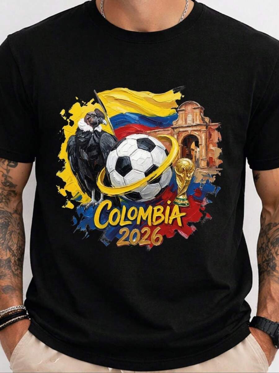 Colombia 2026 World Cup Shirt Soccer T Shirt Colombian Flag Football Tee Futbol Jersey Gift For Men Women Unisex Graphic Tee Fan Shirt,Camisas Hombre - 黑色 - 查看 1