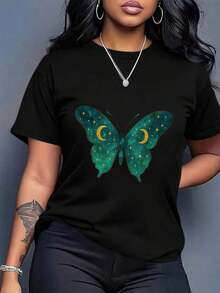 Women's Plus Size Blouses - Oversized T-Shirt For Women - Casual Short Sleeve Top, Starry Butterfly Pattern In Green And Gold, Lightweight And Breathable Fabric, Casual Spring/Summer Style, Suitable For Home And Outings, Fun Geometric Design, Butterfly T-Shirt, Summer Clothes, Round Neck, Soft Texture, Fashionable T-Shirt, T-Shirt For Women's Summer Wardrobe. - 黑色 - 查看 7