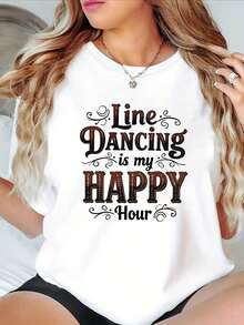 FashionNEW Line Dancing Is My HAPPY Hour Plus Size Women's Casual Fashion T-Shirt With Vintage Style Print, Round Neck, For Spring And Summer, For Daily Wear, Shopping And Parties - Unisex Loose Cotton Short Sleeve Round Neck T-Shirt With Urban Vintage Style - 白色 - 查看 8