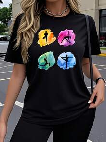 Y2K Women's Short Sleeve T-Shirt - Suitable For Yoga And Pilates, High-Elasticity Crew Neck Blouse, Soft And Breathable Fabric, Casual And Workout Top, Regular Fit For Gym, Spring And Summer Casual Outfit - Machine Washable With Aesthetic Y2K Print - 黑色 - 查看 1