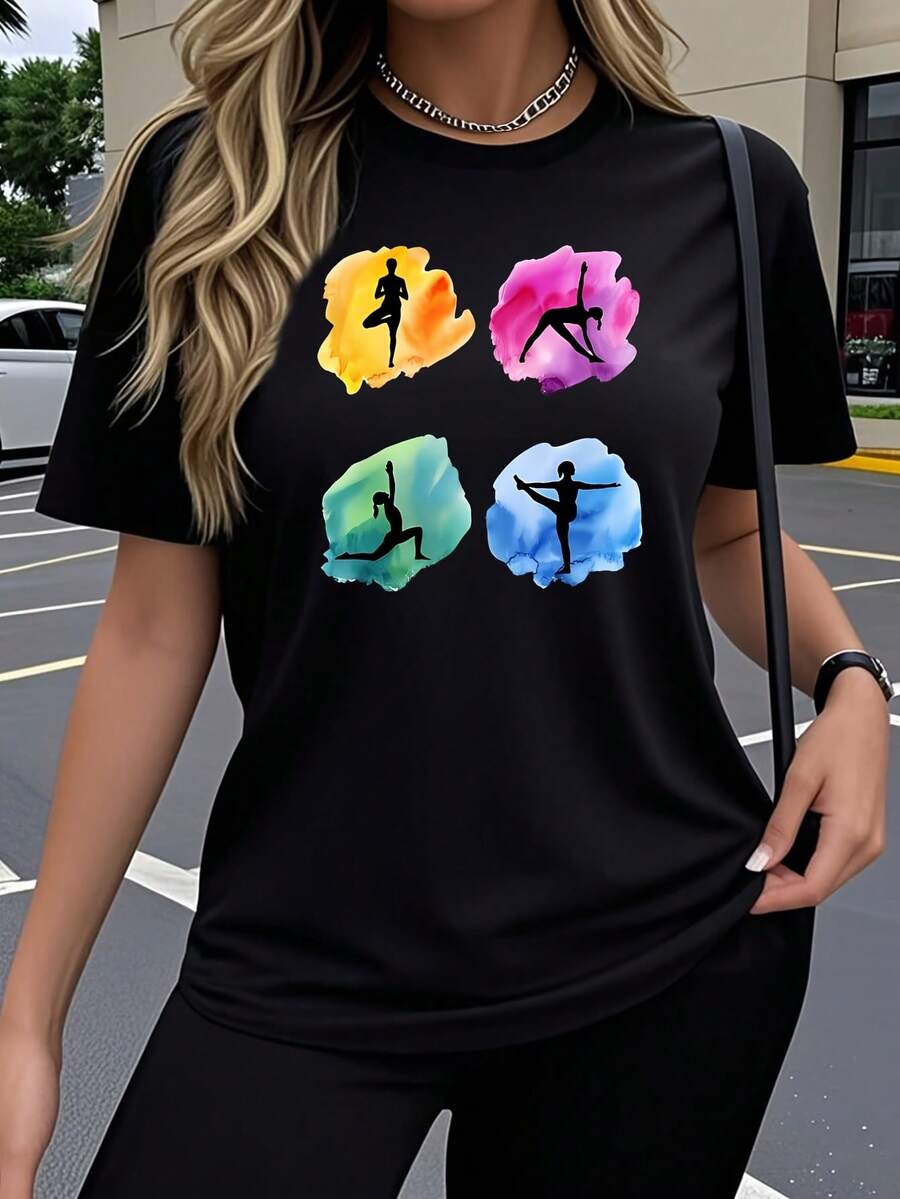 Y2K Women's Short Sleeve T-Shirt - Suitable For Yoga And Pilates, High-Elasticity Crew Neck Blouse, Soft And Breathable Fabric, Casual And Workout Top, Regular Fit For Gym, Spring And Summer Casual Outfit - Machine Washable With Aesthetic Y2K Print - 黑色 - 查看 1