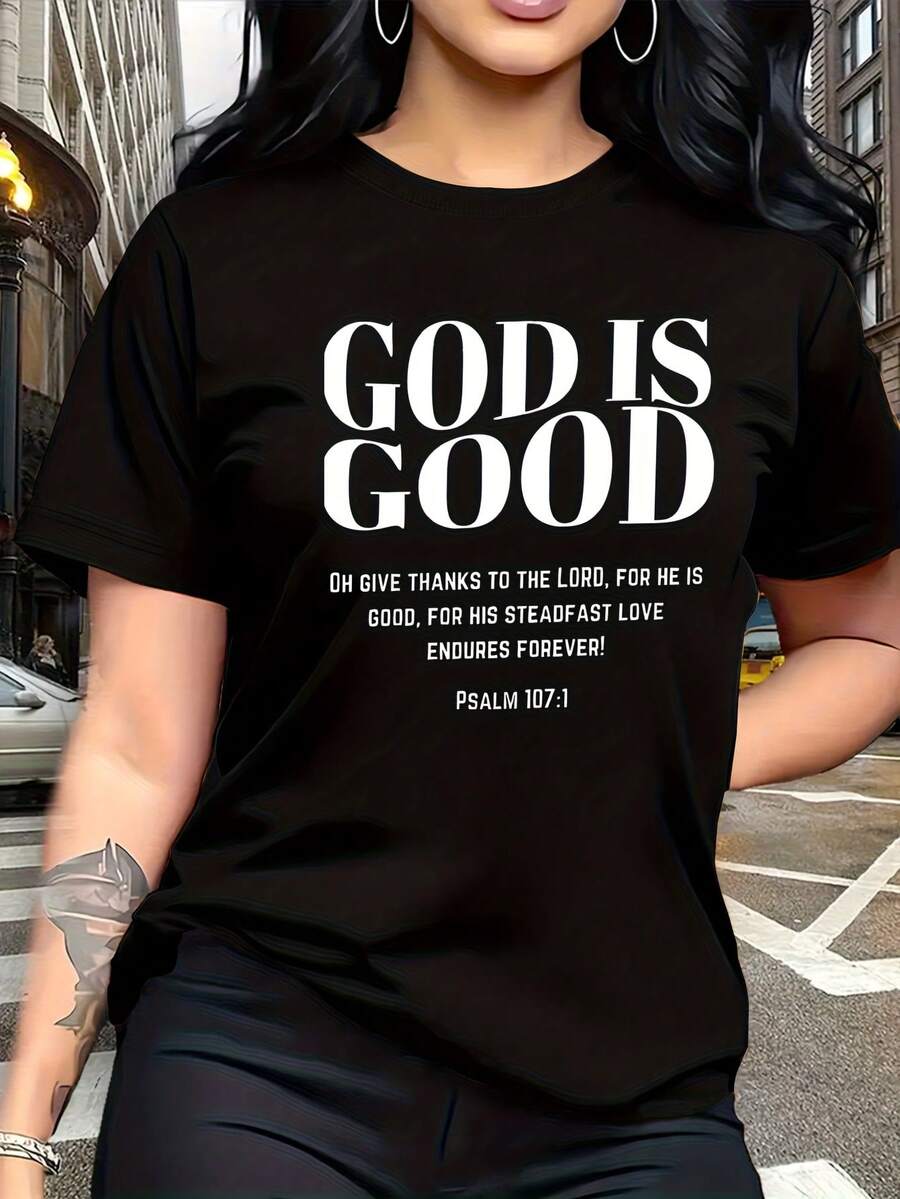 Highlighting The Goodness Of God, The Modern And Fashionable 'GOD IS GOOD' Letter Print Short-Sleeve T-Shirt Is An Easy-To-Wear Casual Crew Neck Tee, Ideal For Leisure Time Such As Travel And Holidays - 黑色 - 查看 1