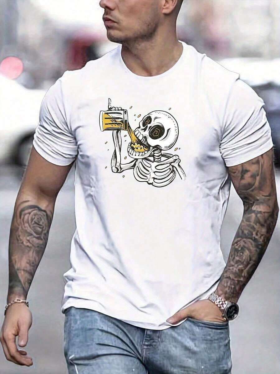 Pure Cotton T-Shirt With Skull And Beer Print, New For Summer 2026, Men's T-Shirt, Casual Summer Short Sleeve T-Shirt - Unisex Loose Cotton Short Sleeve T-Shirt With Round Neck, Urban Vintage Style, Versatile And Casual Printed Top. - 白色 - 查看 1