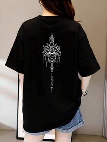 1 Piece Unisex Loose Fit T-Shirt 180g 100% Pure Cotton, Unique Casual T-Shirt Bohemian Style Mandala Design Artistic Elegance Modern Comic Chic Print Comfortable For Young People Plus Size Black Contemporary Fashion Clothing Comfortable And Versatile For School, Work, Outings And Casual Events - 黑色 - 查看 1