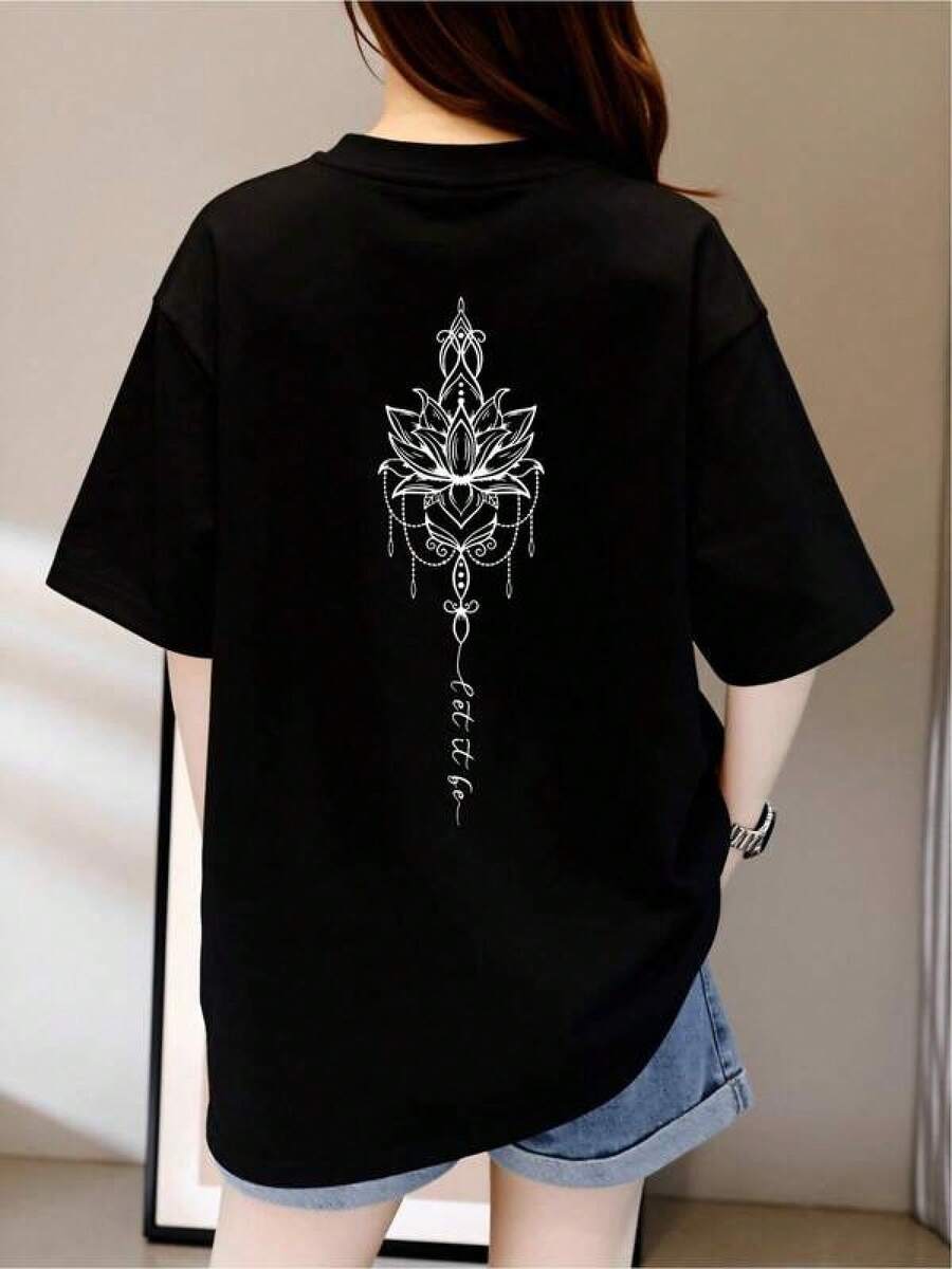 1 Piece Unisex Loose Fit T-Shirt 180g 100% Pure Cotton, Unique Casual T-Shirt Bohemian Style Mandala Design Artistic Elegance Modern Comic Chic Print Comfortable For Young People Plus Size Black Contemporary Fashion Clothing Comfortable And Versatile For School, Work, Outings And Casual Events - 黑色 - 查看 1