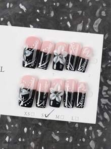 Set de 10 piezas de arte de uñas estilo Y2K Hiphop hecho a mano, que incluye pegatinas de manicura francesa nude y negra, calcomanías de uñas florales 3D y pegatinas de uñas acrílicas con cuentas doradas. Adecuado para damas y niñas para fiestas, uso diario y regalos de uñas - Negro - Ver 2