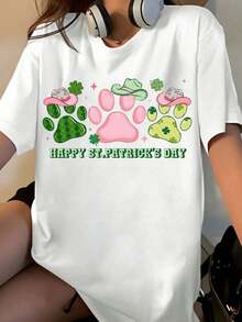 Women's St. Patrick's Day T-Shirt With Paw Print, Hats And Shamrocks For Women And Men, Casual Festival Celebration Wear - 白色 - 查看 1