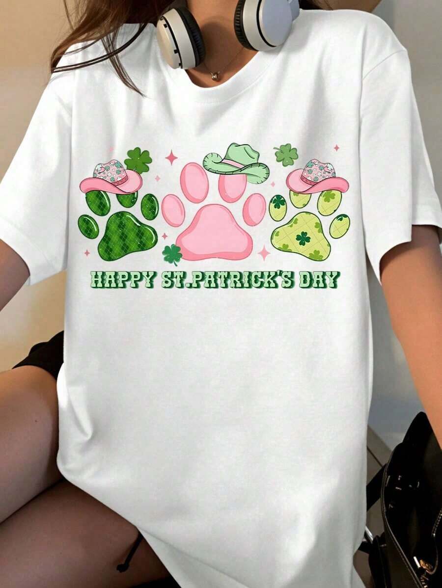 Women's St. Patrick's Day T-Shirt With Paw Print, Hats And Shamrocks For Women And Men, Casual Festival Celebration Wear - 白色 - 查看 1