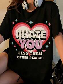 Women's Heart Print T-Shirt 'I Hate You Less Than Other People', Funny And Cute Love Message T-Shirt For Women And Girls, Valentine's Day Gift, Artistic Fashion Garment - 黑色 - 查看 7
