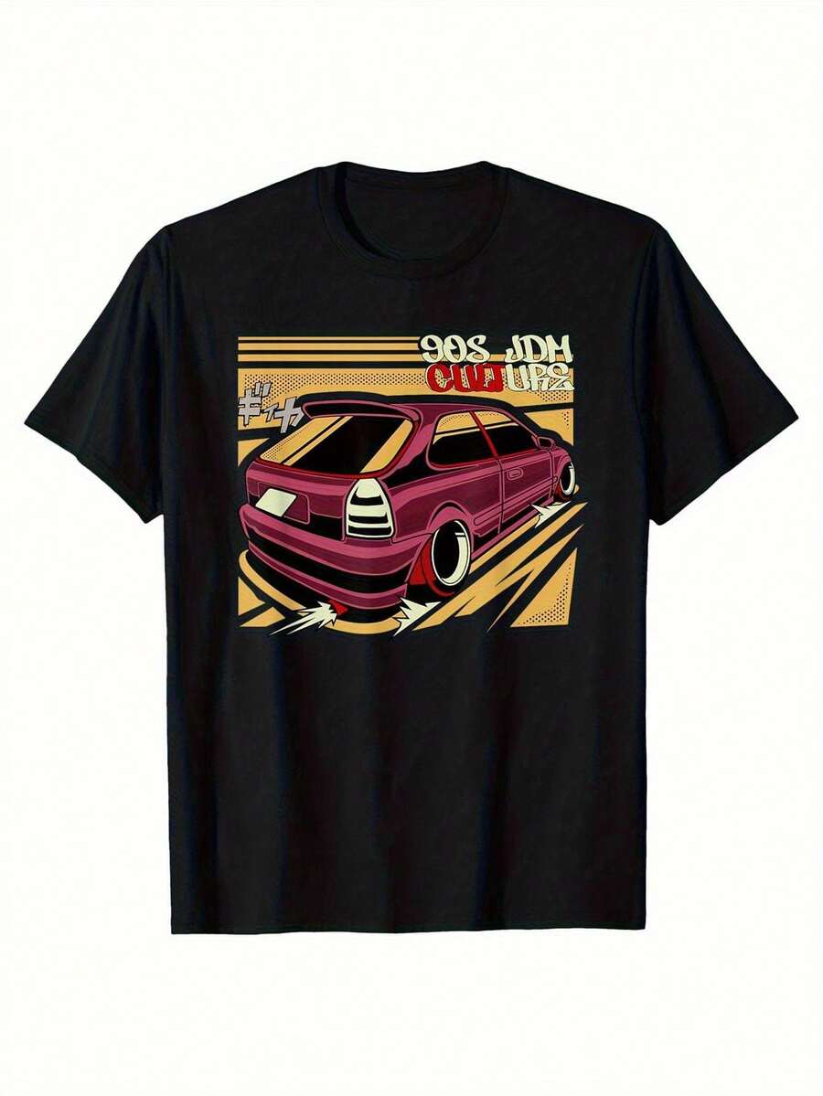 Men's T-Shirt With 90s Retro Car Print - Vintage Loose Fit T-Shirt, Suitable For Casual Wear, Short Sleeves And Round Neck, Machine Washable, Retro Style (Clothing For Car Enthusiasts), Ideal For Travel, Home And Parties, A Perfect Gift For Women And Men. - 黑色 - 查看 1