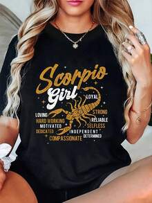 Scorpio Graphic Print T-Shirt, Short Sleeves, Crew Neck, Casual Top For Summer And Spring, Women's Clothing. Women's Casual Printed T-Shirt, Short Sleeves And Crew Neck, Local Spring/Summer Streetwear. - 黑色 - 查看 1