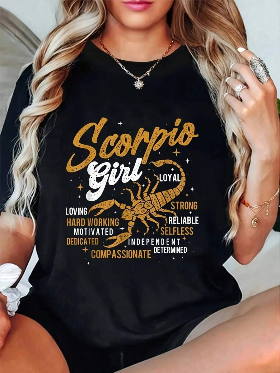 Scorpio Graphic Print T-Shirt, Short Sleeves, Crew Neck, Casual Top For Summer And Spring, Women's Clothing. Women's Casual Printed T-Shirt, Short Sleeves And Crew Neck, Local Spring/Summer Streetwear. - 黑色 - 查看 1