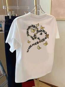 | Exquisite Design | Loose And Comfortable | Easy To Match | T-Shirt With Front And Back Print, Gold Butterfly, Butterfly Print, Round Neck, Short Sleeve, Casual Style For Women, Comfortable Fit, Skin-Friendly Fabric, Classic Design, A Must-Have Fashion Item For Women. - 白色 - 查看 2