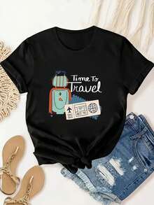 Camiseta Deportiva Casual para Mujer con Gráfico Hora de Viajar - Camiseta Negra con Nudo Frontal, Elástica y de Cuello Redondo, Lavable aáquina, Ajuste Cómodo y Apta para Todas las Estaciones, para Aventuras y Uso Diario. - Negro - Ver 1