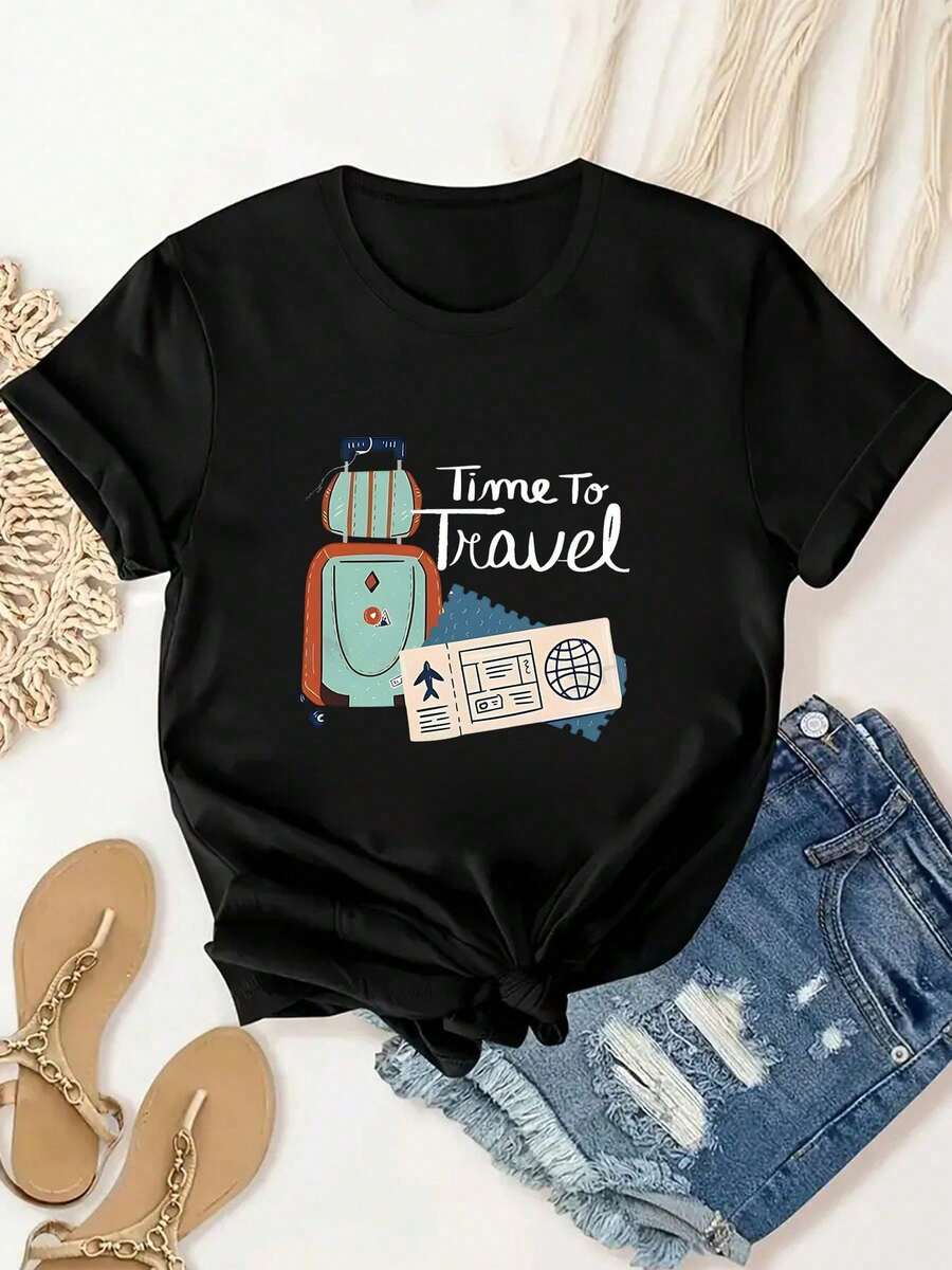 Camiseta Deportiva Casual para Mujer con Gráfico Hora de Viajar - Camiseta Negra con Nudo Frontal, Elástica y de Cuello Redondo, Lavable aáquina, Ajuste Cómodo y Apta para Todas las Estaciones, para Aventuras y Uso Diario. - Negro - Ver 1