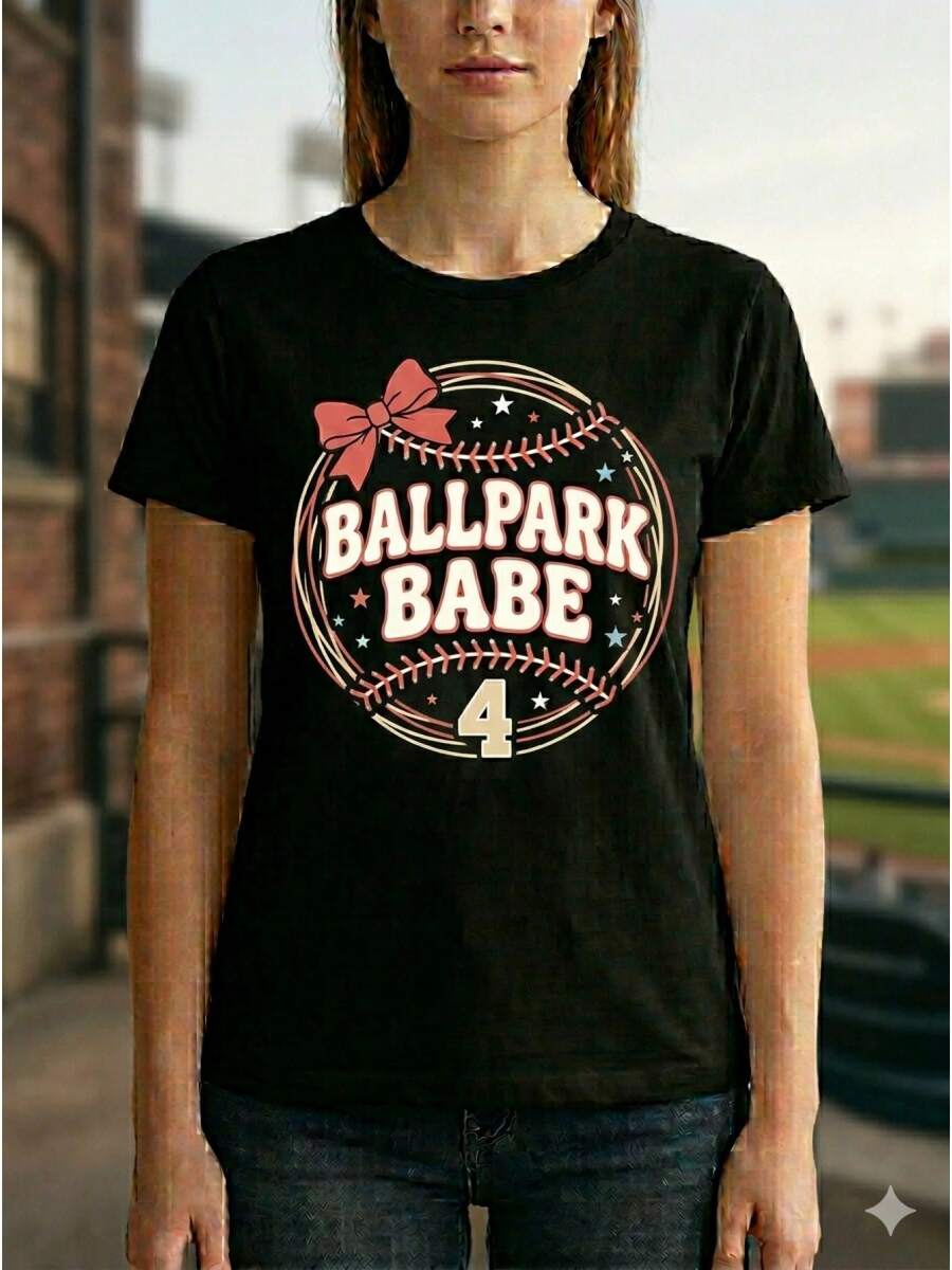 Women's Casual Sports T-Shirt - Black Elastic Round Neck T-Shirt With BALLPARK BABE Design And Red Bow, Machine Washable, Comfortable Fit For All Seasons, Perfect For A Casual And Fun Look. - Black - View 1