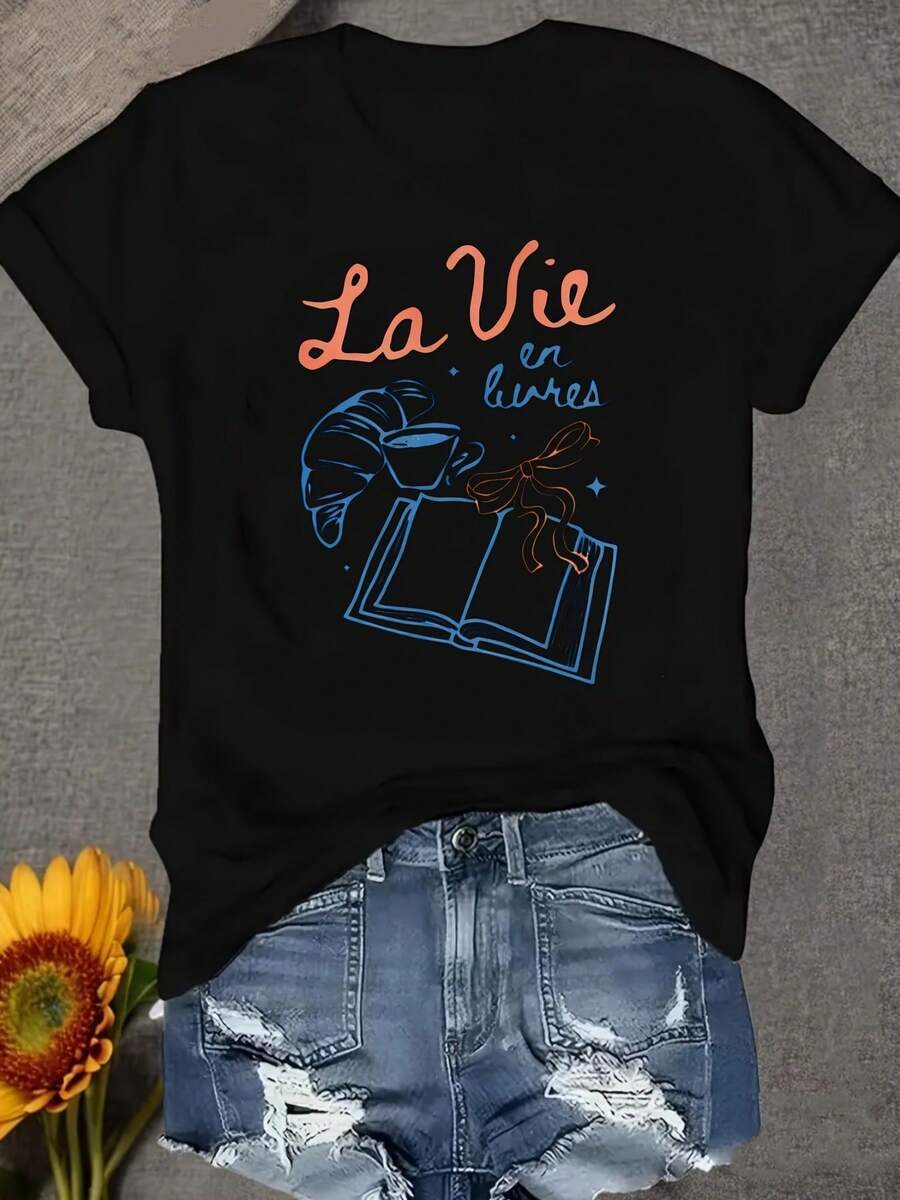 Women's Casual Summer T-Shirt, Literary Style, Parisian Style, Playful Fashion, College Style, Book Aesthetic, Predestined To Read French Phrases - 黑色 - 查看 1
