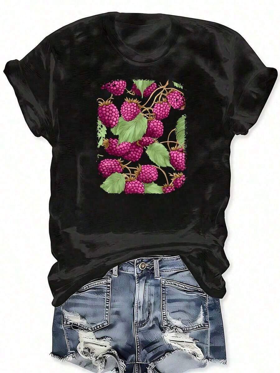 Round Neck T-Shirt With Graphic Vegetable Print And Mulberry Fruit Design, Casual Short Sleeve T-Shirt For Spring Summer, Women's Clothing Suitable As A Gift. Women's T-Shirt. Blouses>Elegant. Boho Chic, Soft, Breathable And Comfortable Women's Top, Ideal For Spring, Summer And Autumn, Perfect For Vacations, Travel And Everyday Wear. - 黑色 - 查看 1