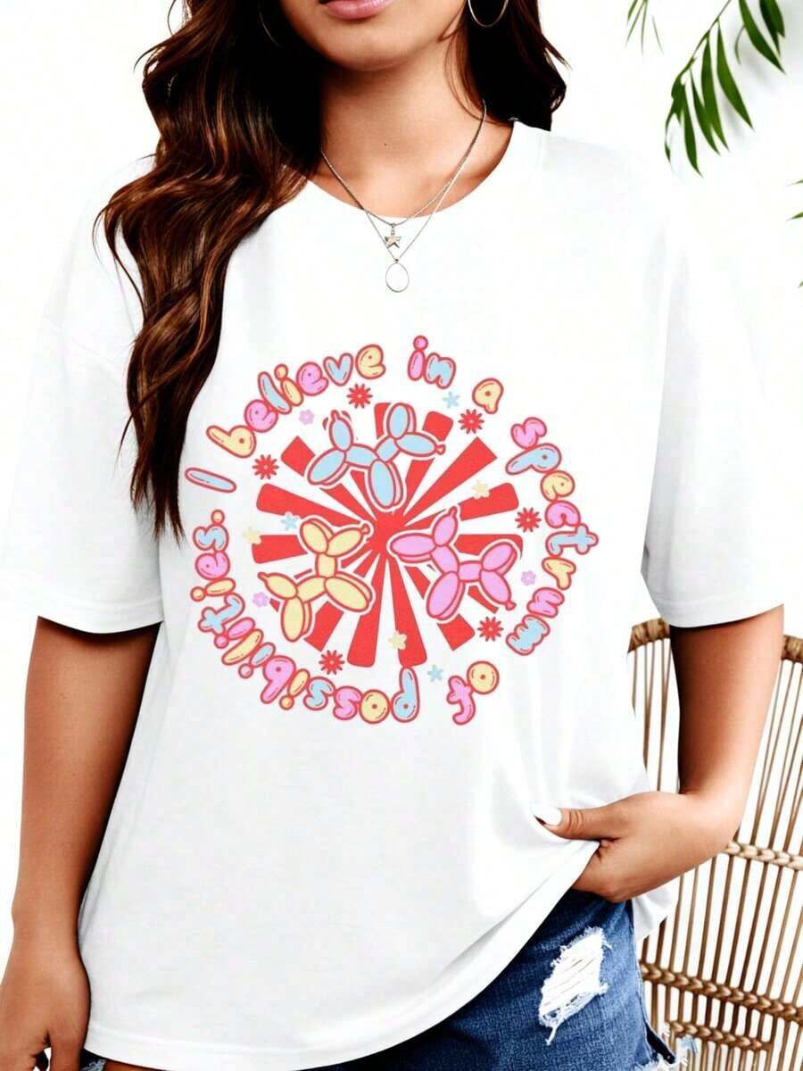 Women's "Believe In A Little Magic" T-Shirt With Colorful Balloon Dog Design, Summer Casual Wear, Festival And Party Outfit - 白色 - 查看 1