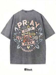 Golden Cross Floral Pray On It Vintage Oversized Graphic Tee, Religious Summer Top For Unisex - 灰色 - 查看 2